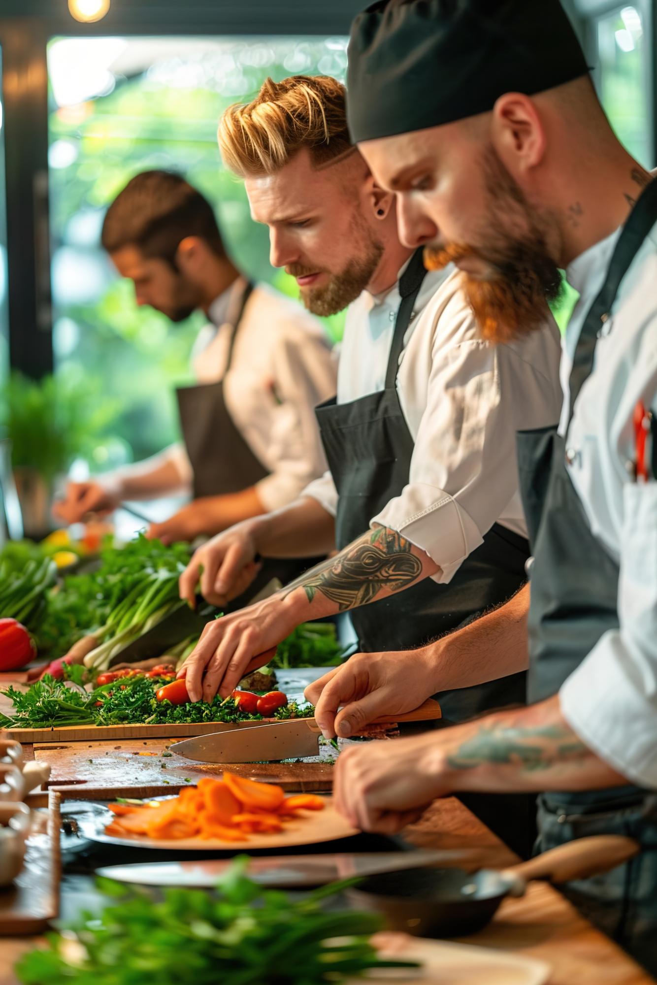 open kitchen with chef team in action